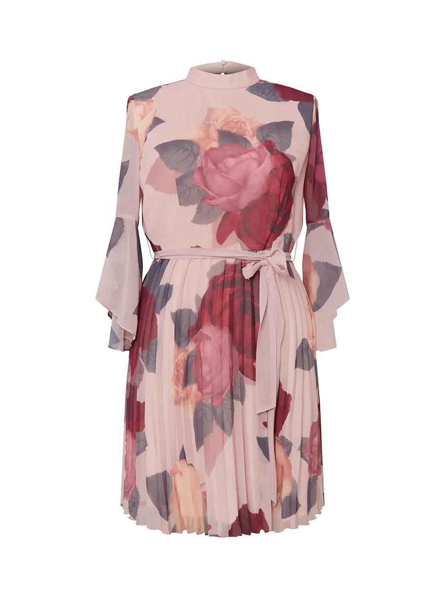 Plus Size Floral Print Flare Sleeve Pleat Midi Dress in Pink sold by Chi Chi London