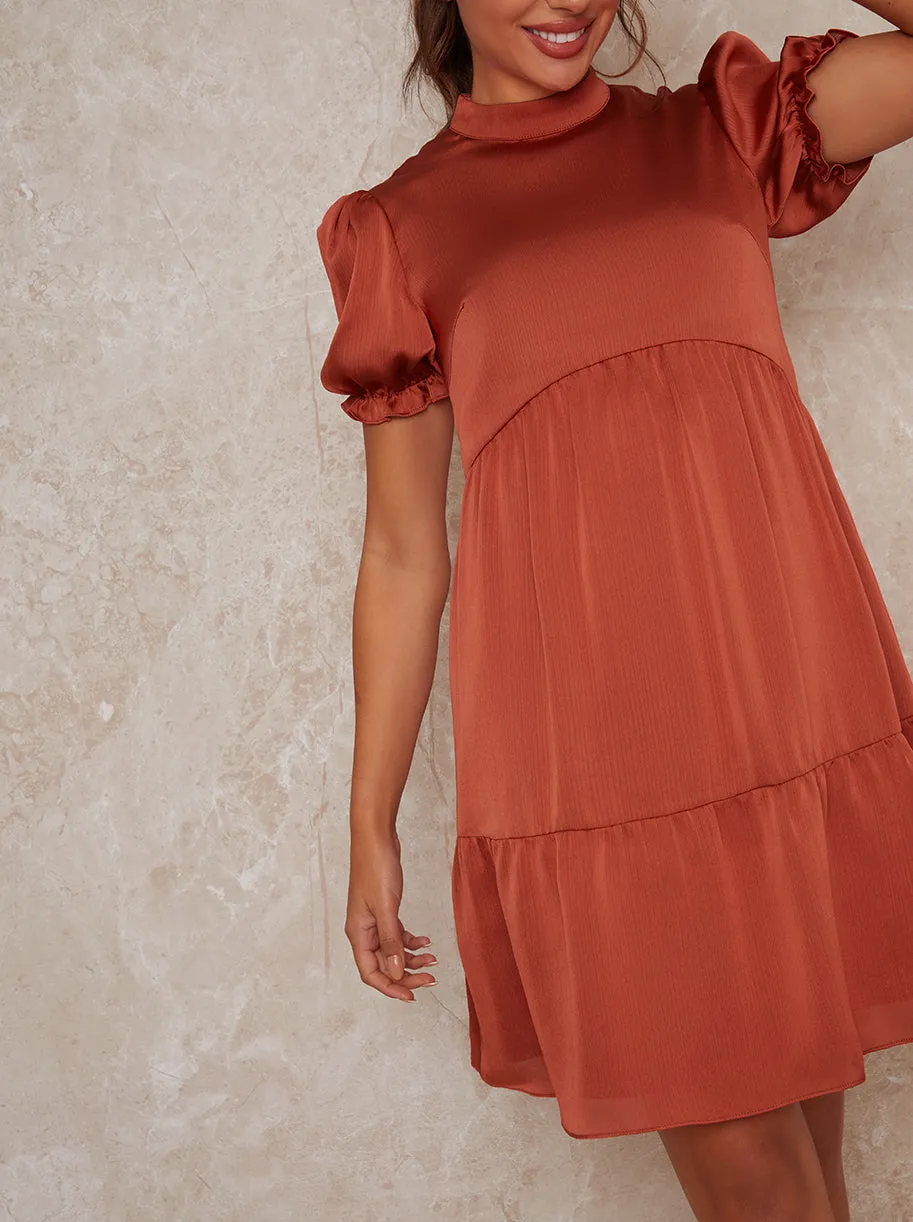 Tiered High Neck Short Sleeved Mini Dress in Orange sold by Chi Chi London product image thumbnail 3