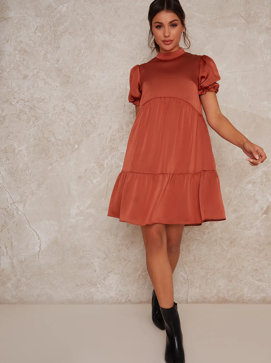 Tiered High Neck Short Sleeved Mini Dress in Orange sold by Chi Chi London