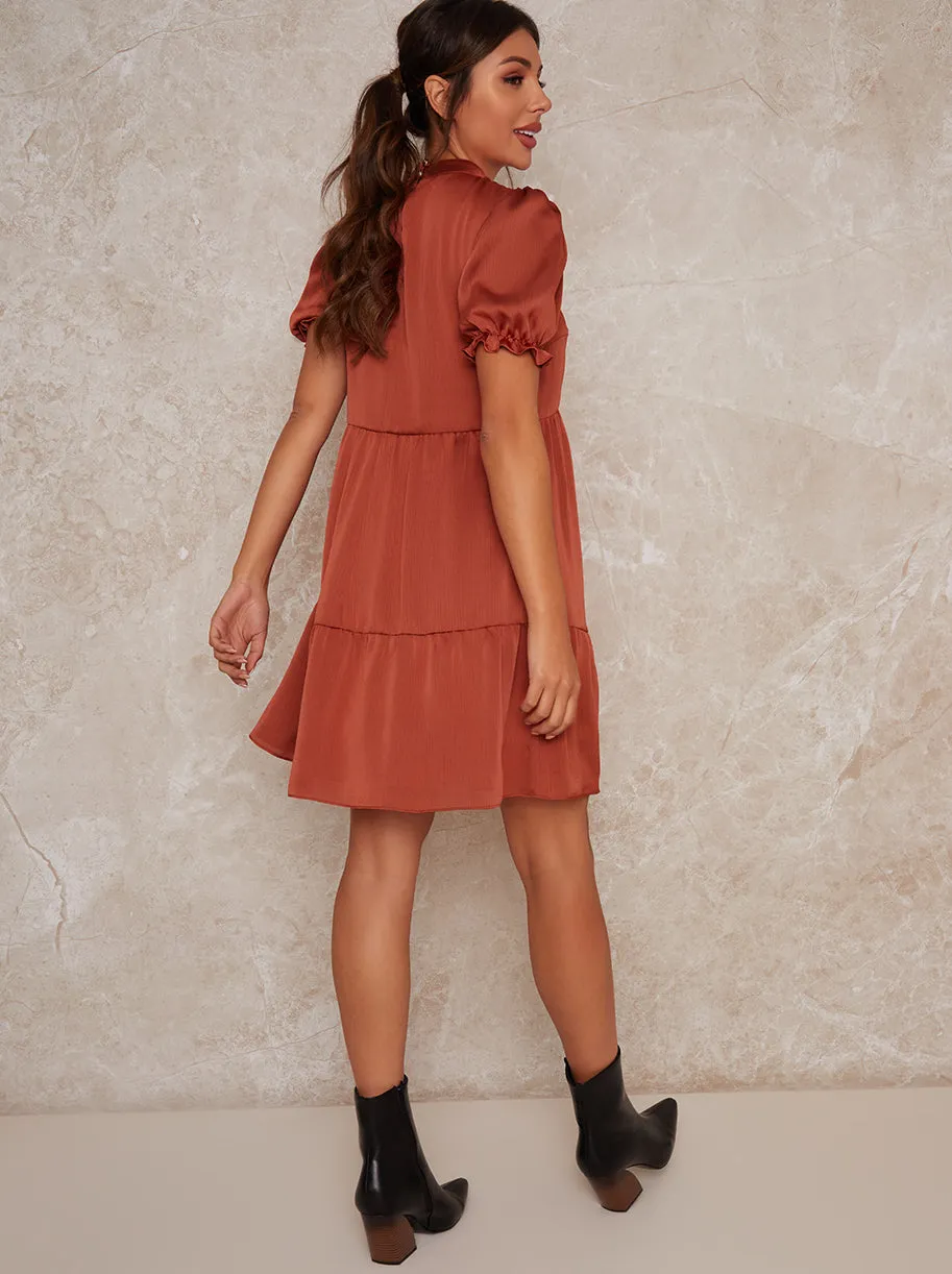 Tiered High Neck Short Sleeved Mini Dress in Orange sold by Chi Chi London product image thumbnail 4