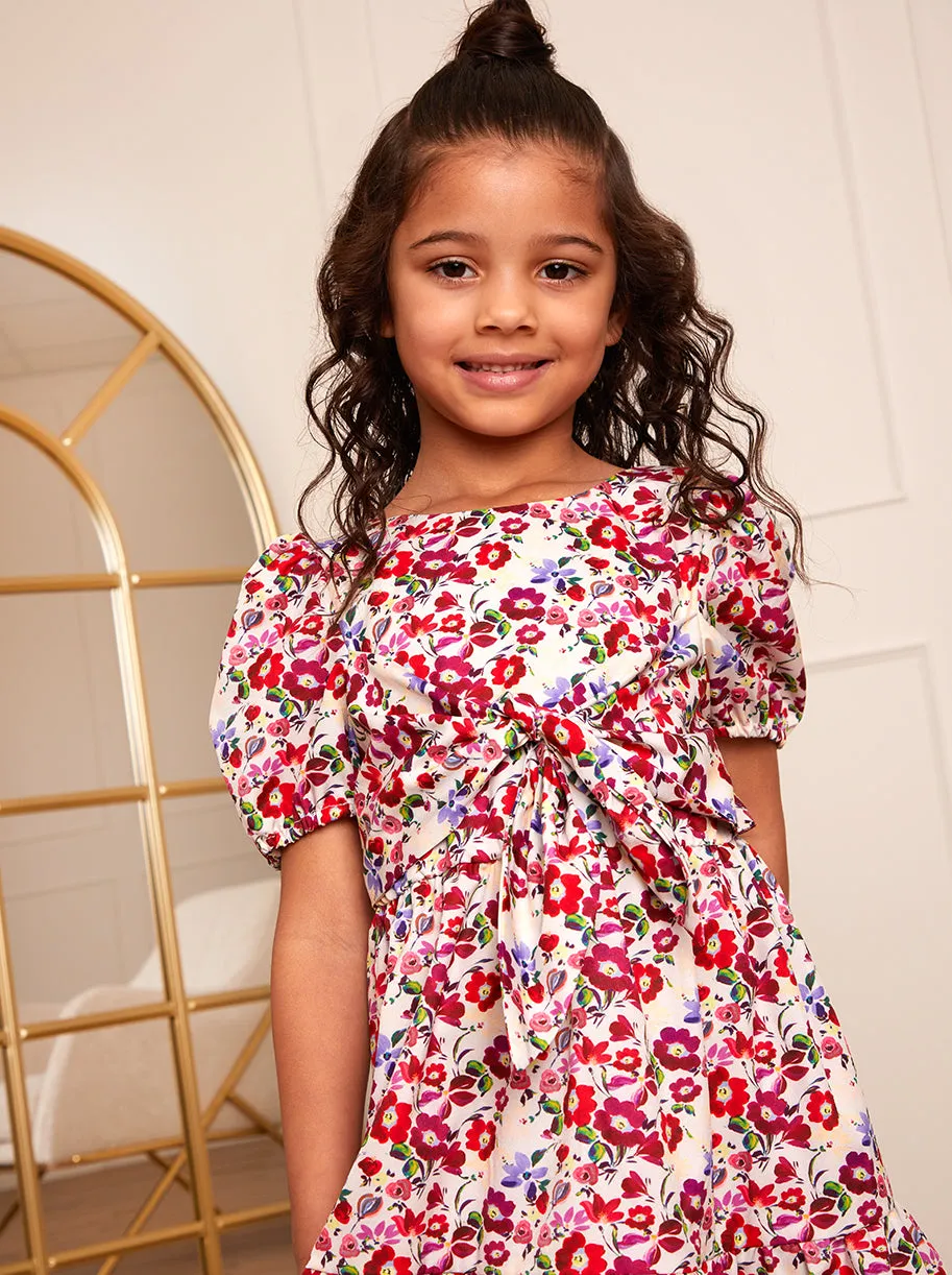 Younger Girls Puff Sleeve Tie Detail Floral Dress in White sold by Chi Chi London product image thumbnail 3