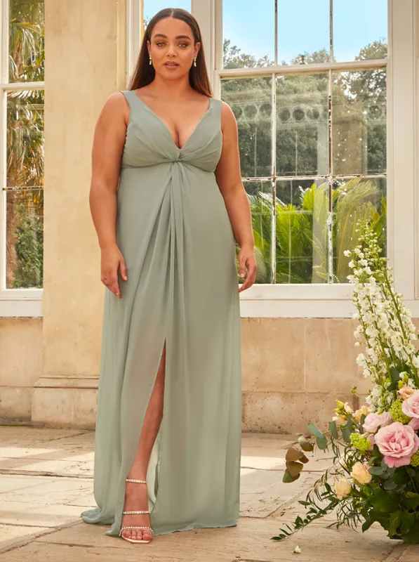 Plus Size Knot Detail Maxi Dress in Sage sold by Chi Chi London
