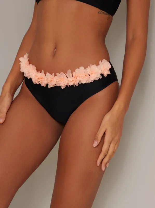 Floral Trim Hipster Bikini Bottoms in Black sold by Chi Chi London