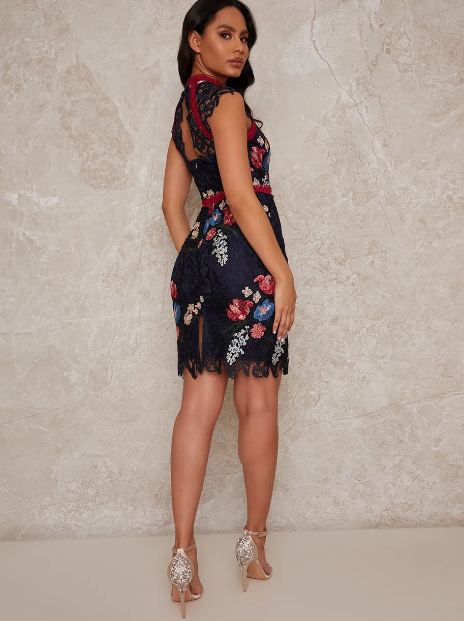 Sleeveless Bodycon Floral Crochet Mini Dress in Navy sold by Chi Chi London product image thumbnail 4