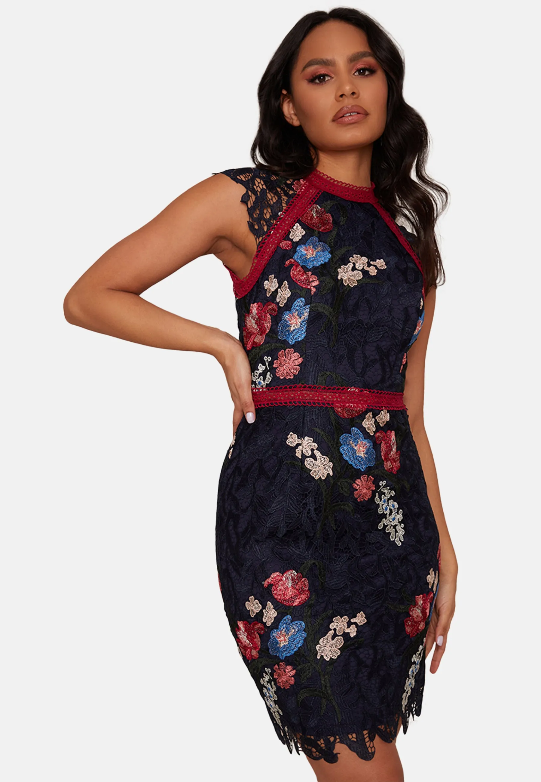 Sleeveless Bodycon Floral Crochet Mini Dress in Navy sold by Chi Chi London product image thumbnail 5