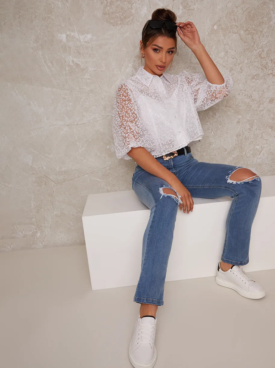 Sheer Puff Sleeve Leopard Print Shirt in White sold by Chi Chi London product image thumbnail 3