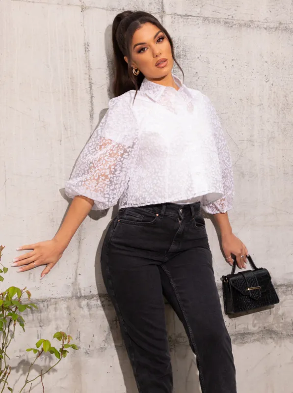 Sheer Puff Sleeve Leopard Print Shirt in White sold by Chi Chi London