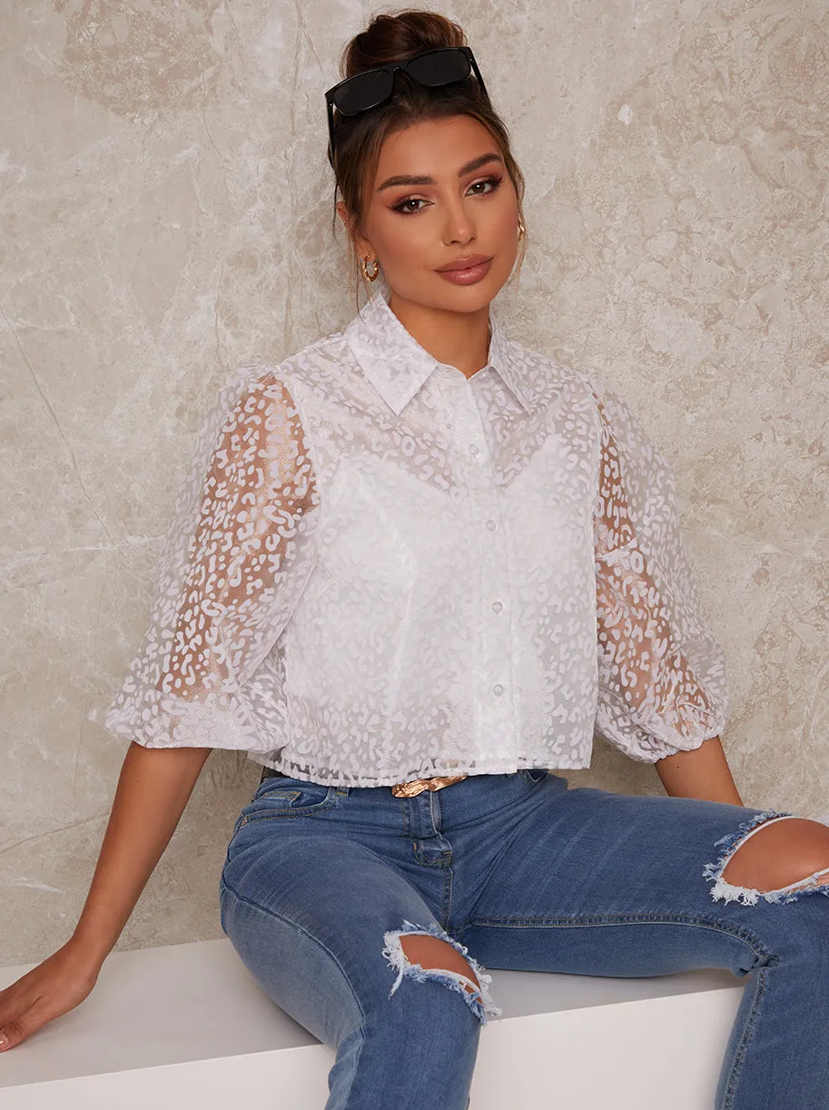 Sheer Puff Sleeve Leopard Print Shirt in White sold by Chi Chi London product image thumbnail 2