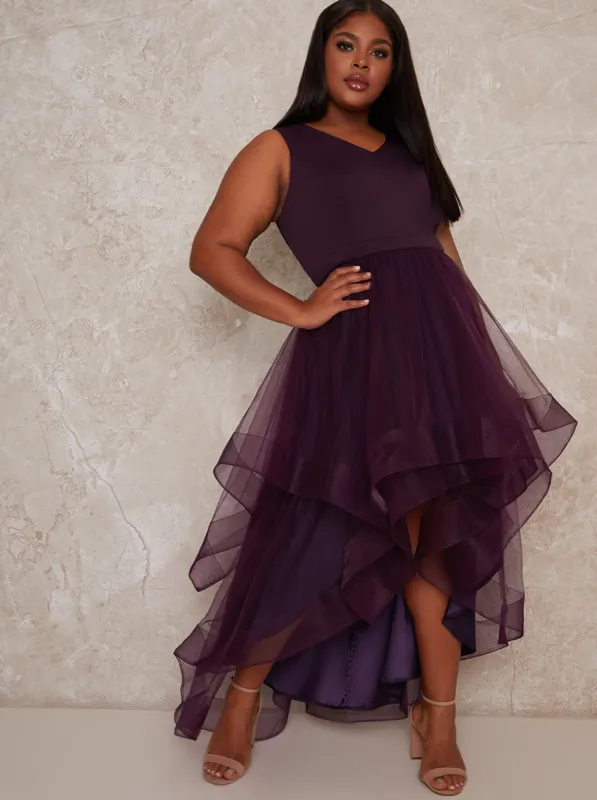 Plus Size Dip Hem High Neck Dress with Tulle Skirt in Purple sold by Chi Chi London