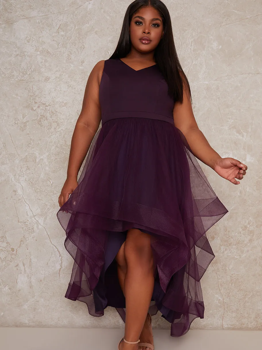 Plus Size Dip Hem High Neck Dress with Tulle Skirt in Purple sold by Chi Chi London product image thumbnail 2
