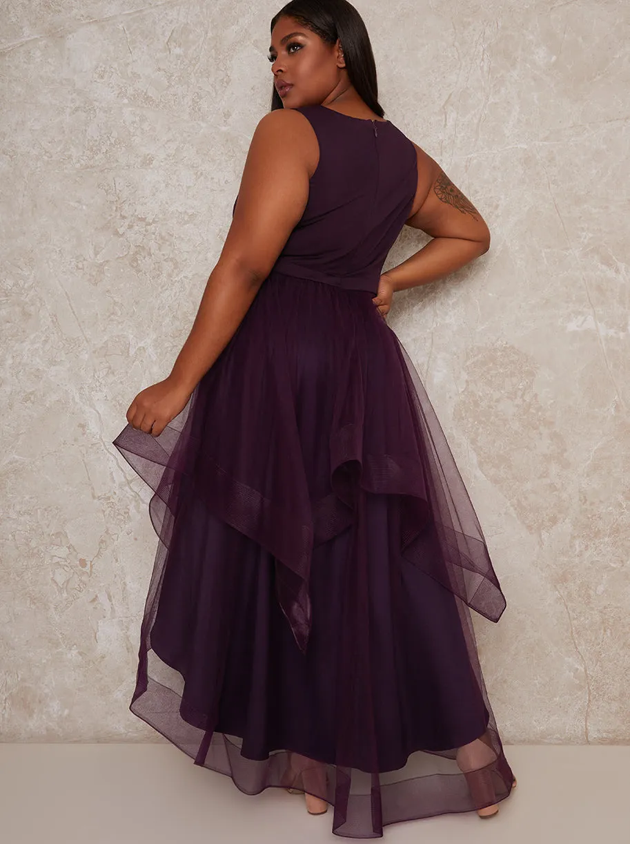 Plus Size Dip Hem High Neck Dress with Tulle Skirt in Purple sold by Chi Chi London product image thumbnail 4