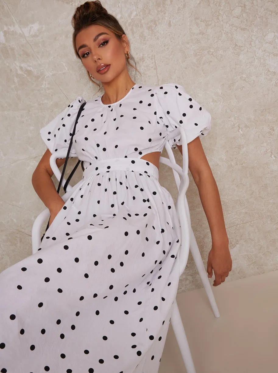 Polka Dot Open Back Puff Sleeve Midi Smock Dress in White sold by Chi Chi London product image thumbnail 4