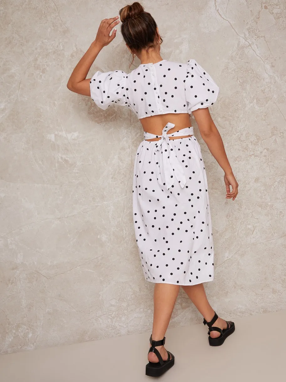 Polka Dot Open Back Puff Sleeve Midi Smock Dress in White sold by Chi Chi London product image thumbnail 2