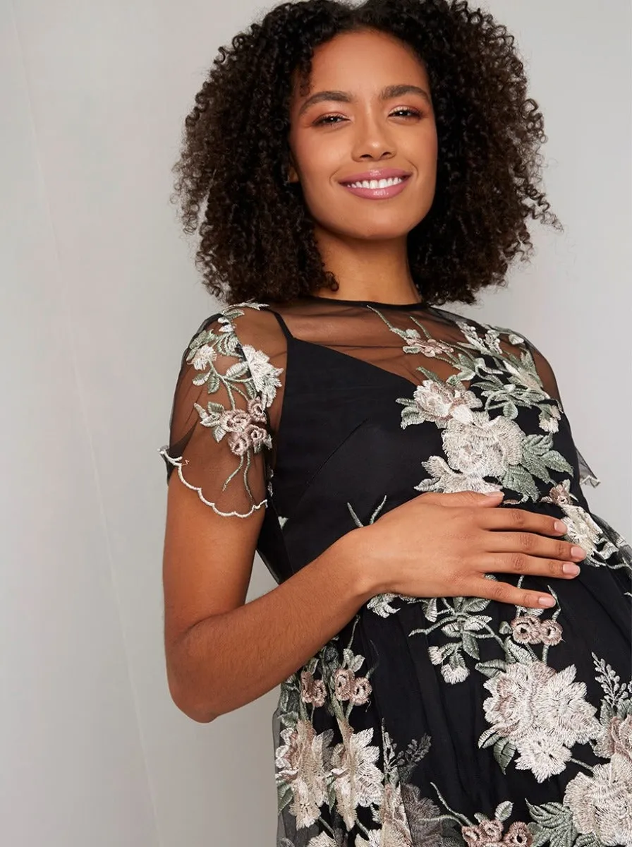Maternity Floral Embroidered Overlay Dress in Black sold by Chi Chi London product image thumbnail 2