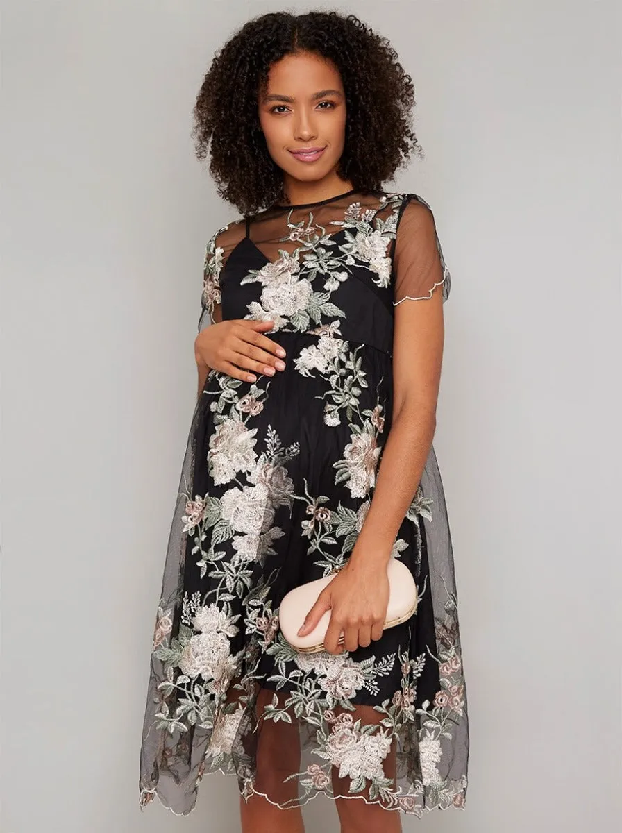 Maternity Floral Embroidered Overlay Dress in Black sold by Chi Chi London product image thumbnail 3