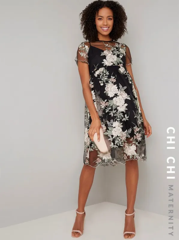 Maternity Floral Embroidered Overlay Dress in Black sold by Chi Chi London