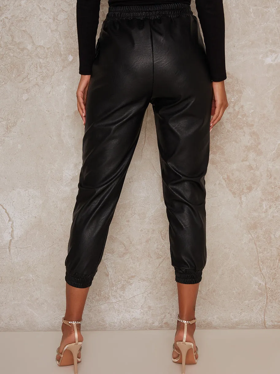Drawstring Cropped Leg Faux Leather Trousers in Black sold by Chi Chi London product image thumbnail 2
