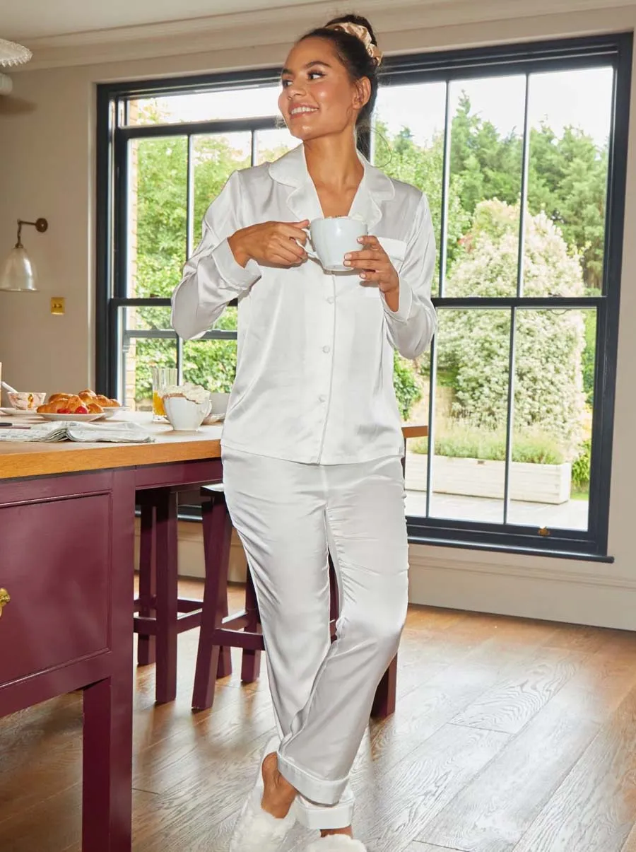 Long Sleeved Silky Pyjama Set in White sold by Chi Chi London product image thumbnail 4