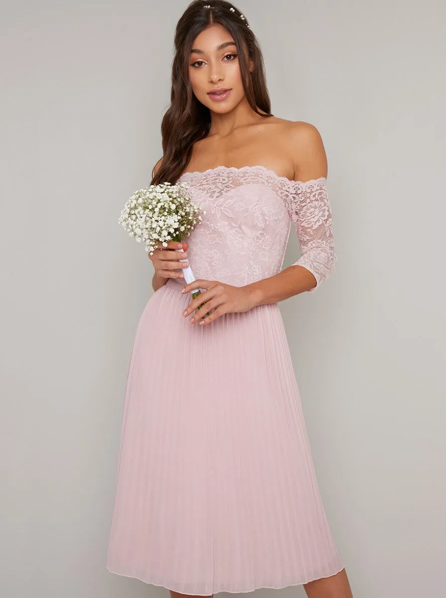 Lace Bardot Pleat Midi Dress In Mink sold by Chi Chi London product image thumbnail 2