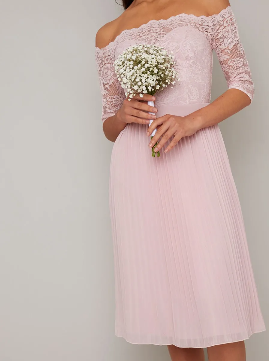 Lace Bardot Pleat Midi Dress In Mink sold by Chi Chi London product image thumbnail 3