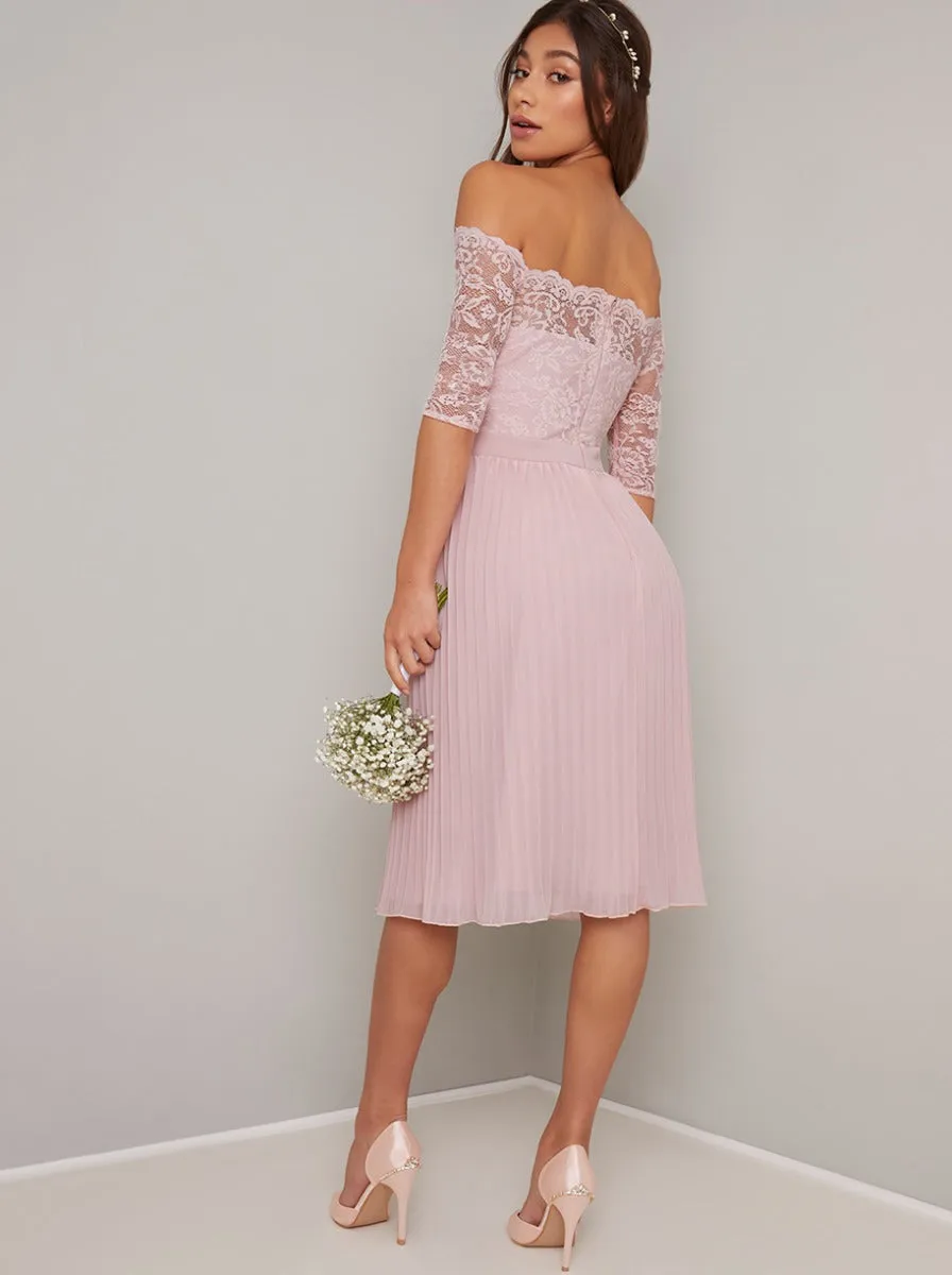 Lace Bardot Pleat Midi Dress In Mink sold by Chi Chi London product image thumbnail 4