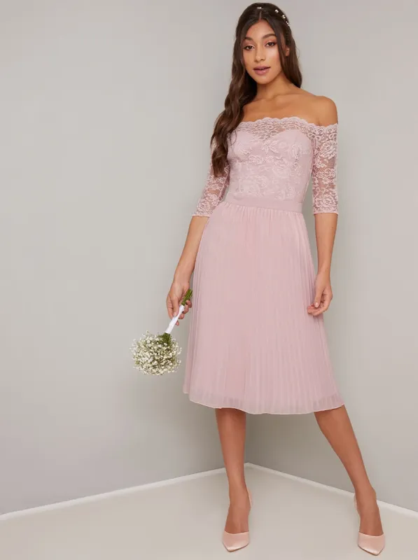 Lace Bardot Pleat Midi Dress In Mink sold by Chi Chi London