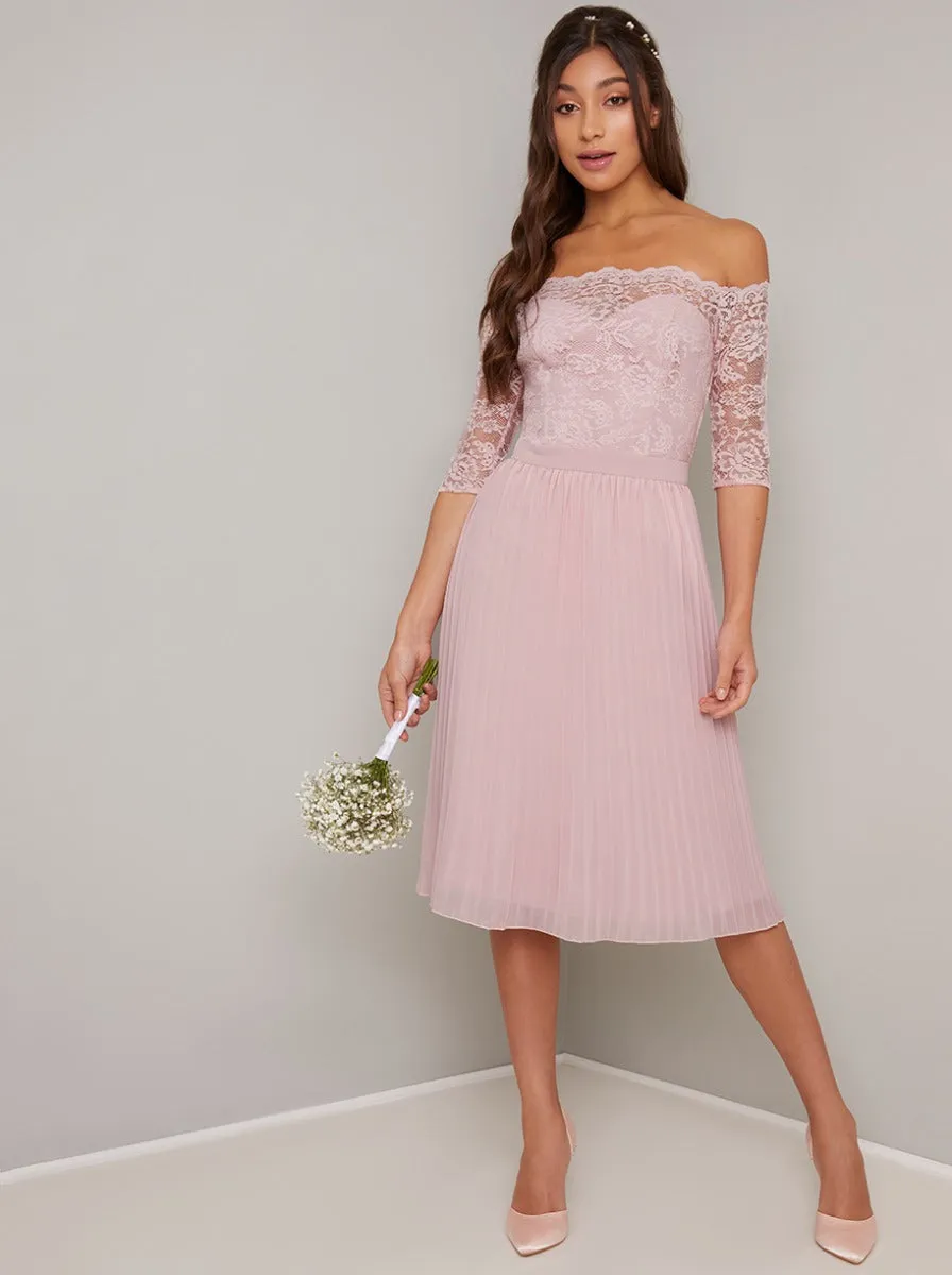 Lace Bardot Pleat Midi Dress In Mink sold by Chi Chi London