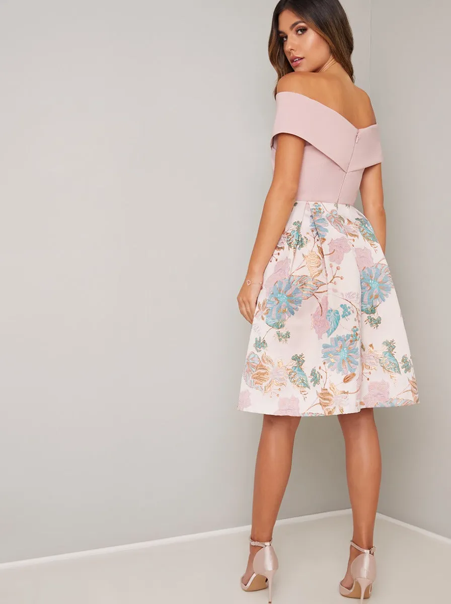 Crossover Bardot Floral Print Midi Dress in Pink sold by Chi Chi London product image thumbnail 4
