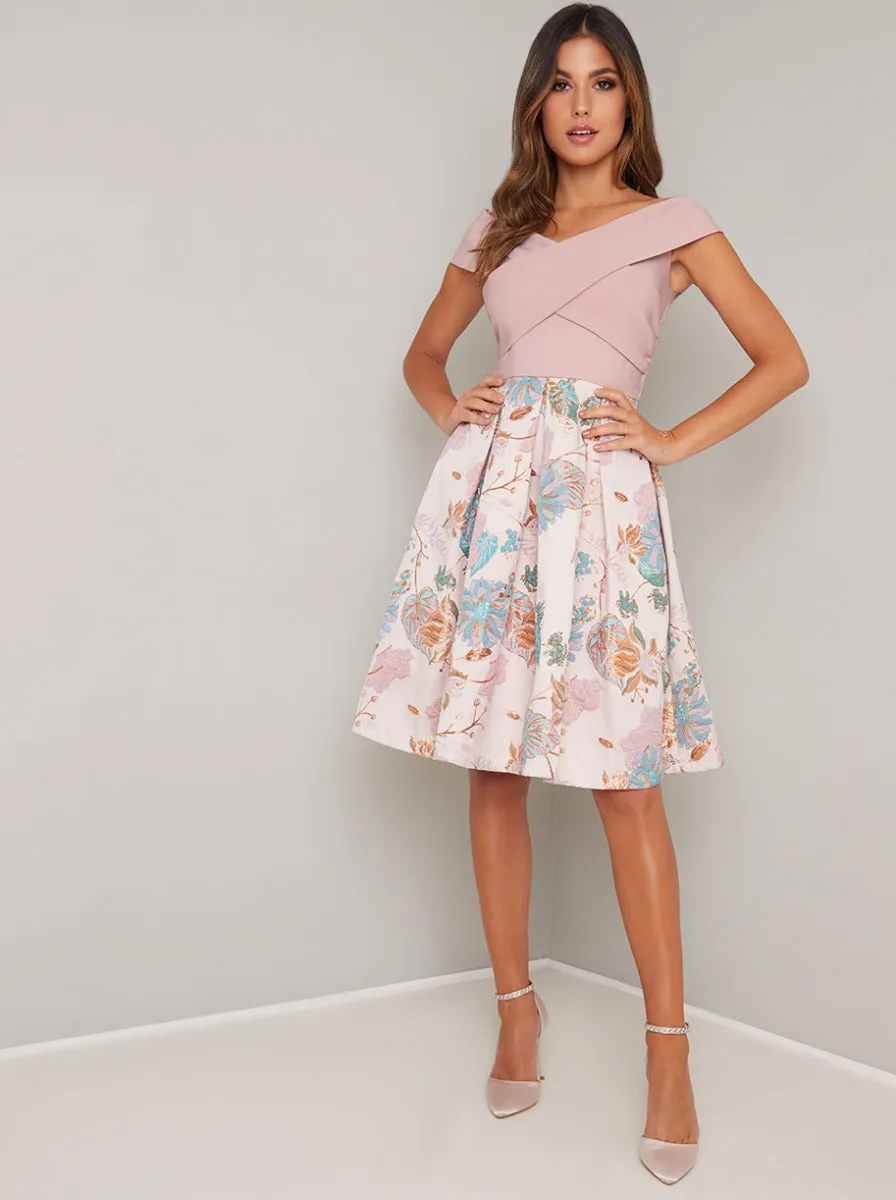 Crossover Bardot Floral Print Midi Dress in Pink sold by Chi Chi London