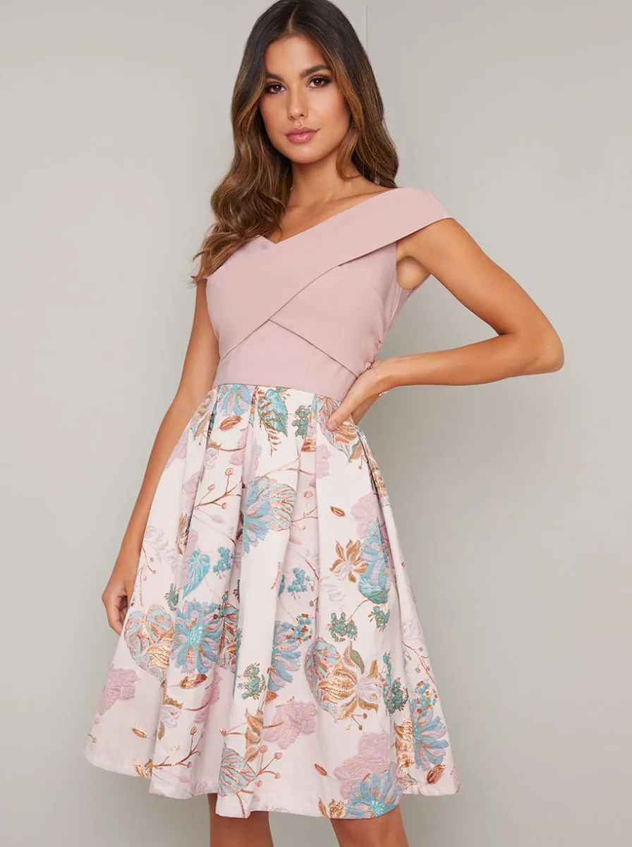Crossover Bardot Floral Print Midi Dress in Pink sold by Chi Chi London product image thumbnail 2