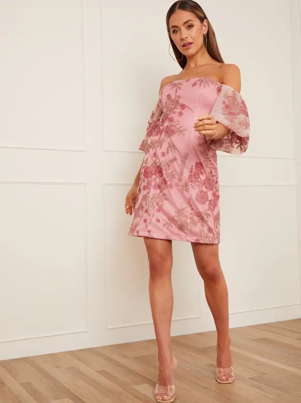 Square Neck Embroidered Mini Dress in Pink sold by Chi Chi London