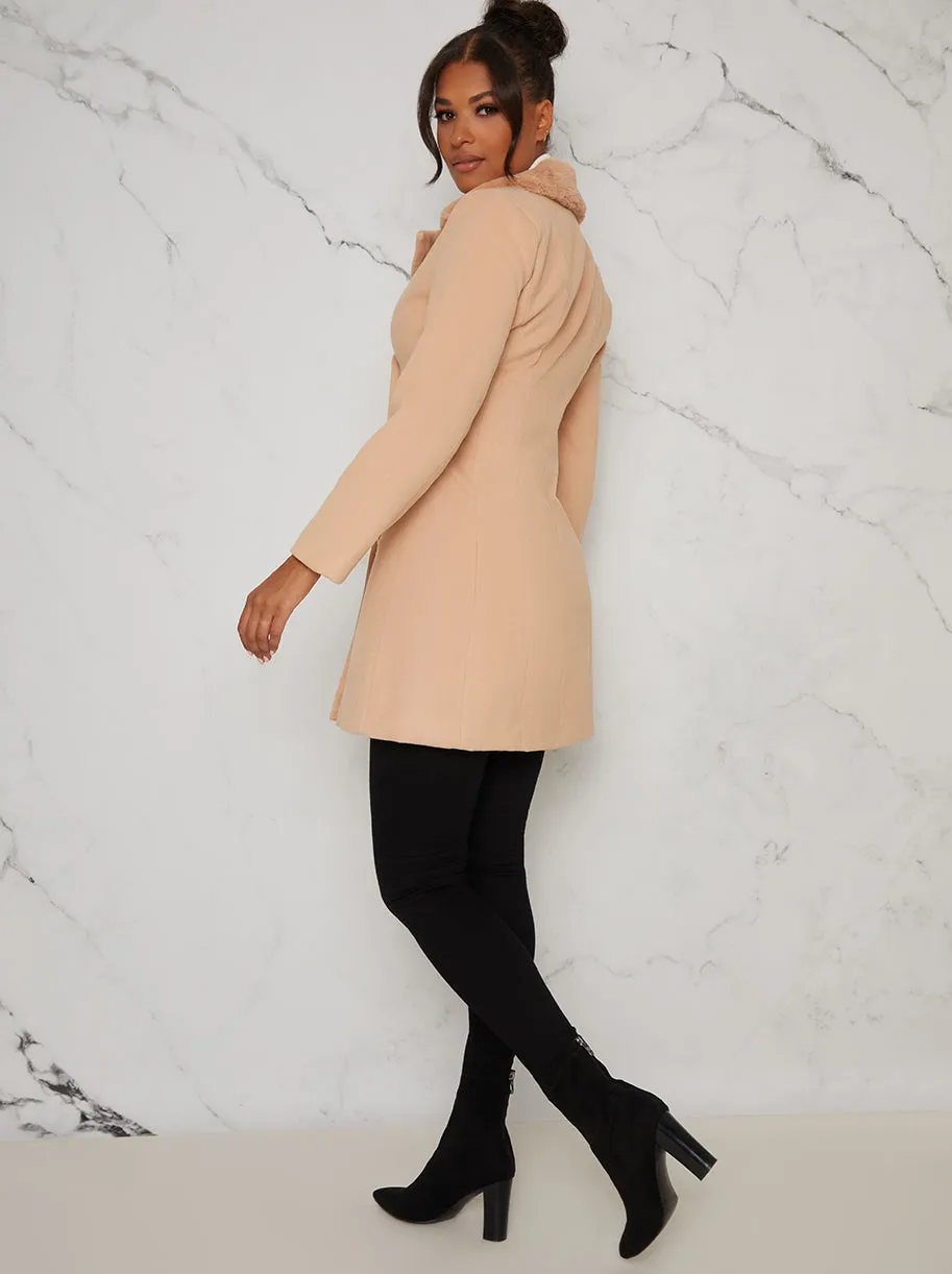 Faux Fur Collared Longline Coat in Beige sold by Chi Chi London product image thumbnail 3