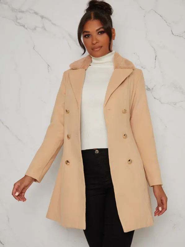 Faux Fur Collared Longline Coat in Beige sold by Chi Chi London