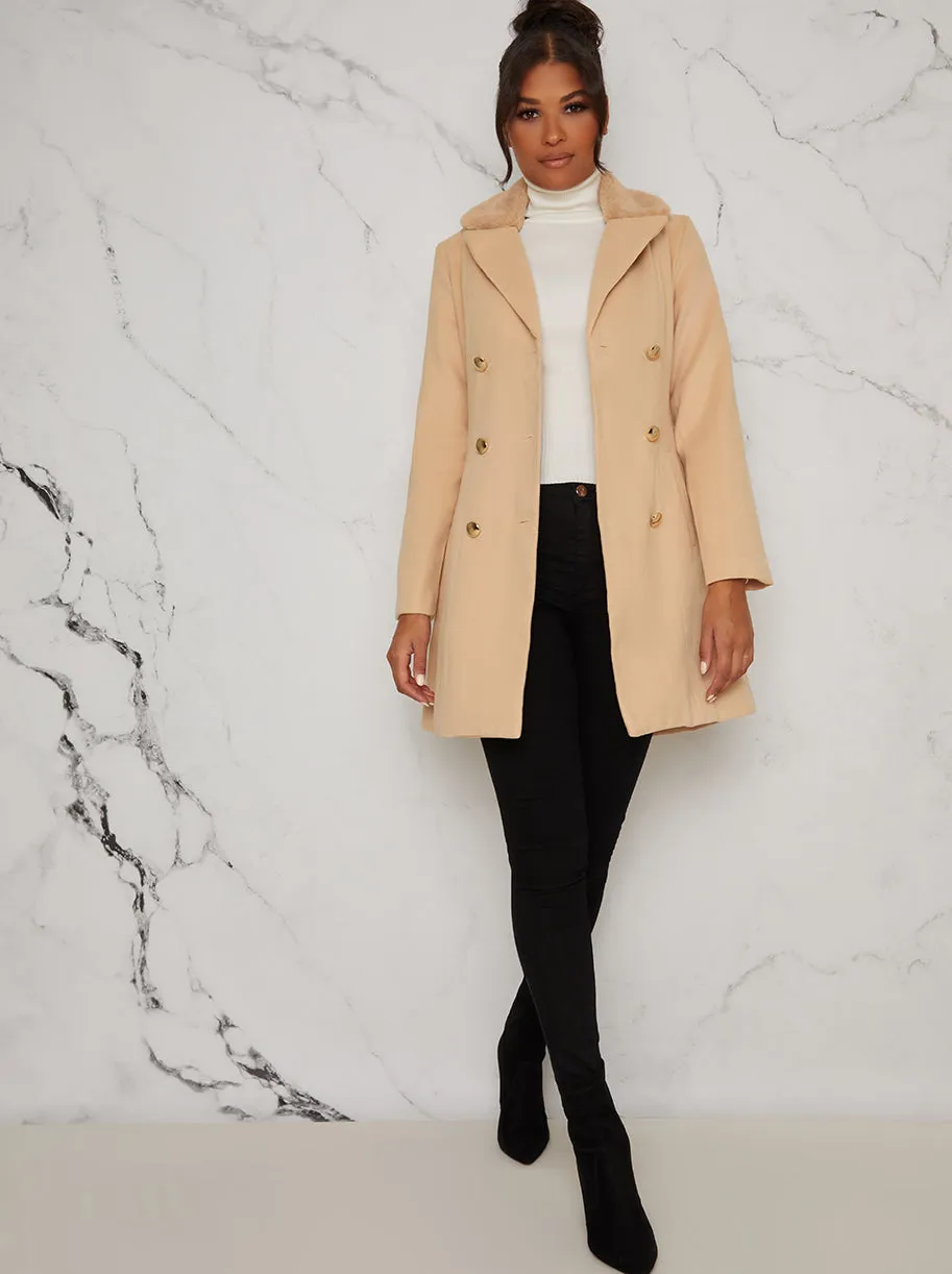 Faux Fur Collared Longline Coat in Beige sold by Chi Chi London product image thumbnail 2