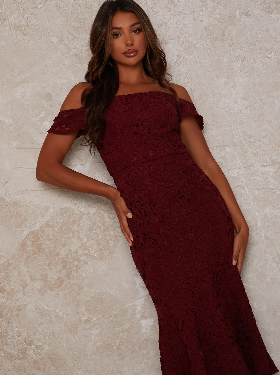 Peplum Crochet Bodycon Dress in Burgundy sold by Chi Chi London product image thumbnail 3