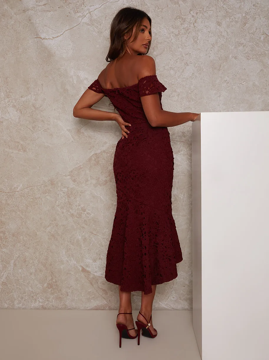 Peplum Crochet Bodycon Dress in Burgundy sold by Chi Chi London product image thumbnail 4