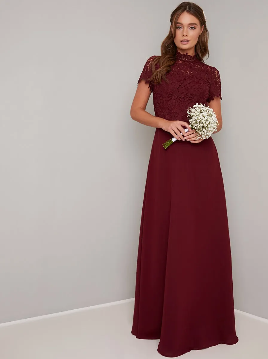 Lace Bodice High Neck Maxi Dress in Red sold by Chi Chi London