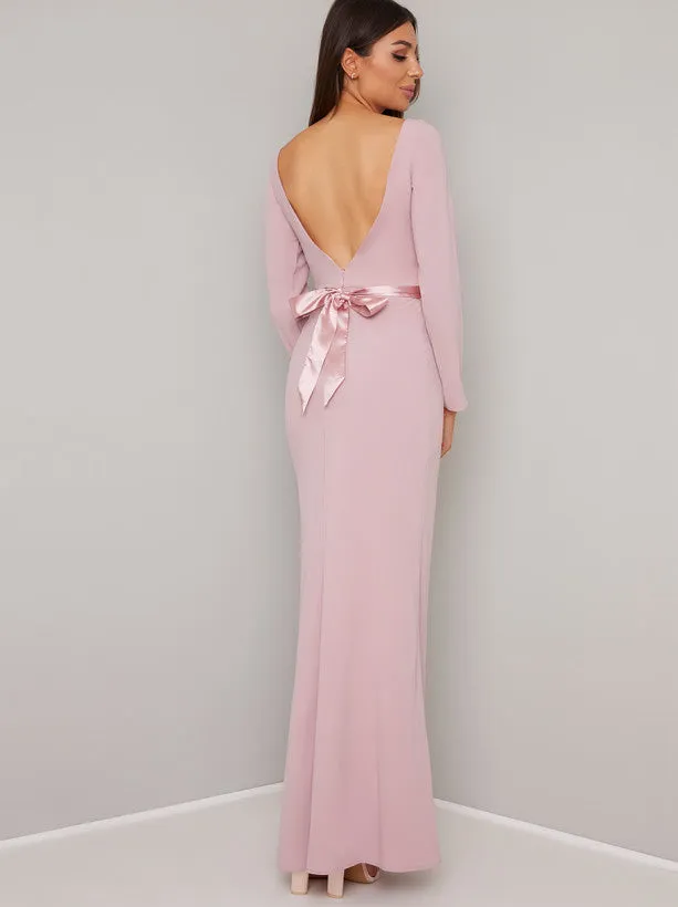 Open Back Bow Detail Maxi Dress in Pink sold by Chi Chi London