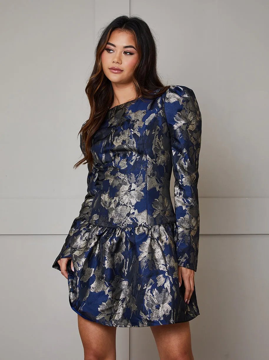 Long Sleeve Pephem Jacquard Mini Dress in Navy sold by Chi Chi London product image thumbnail 3