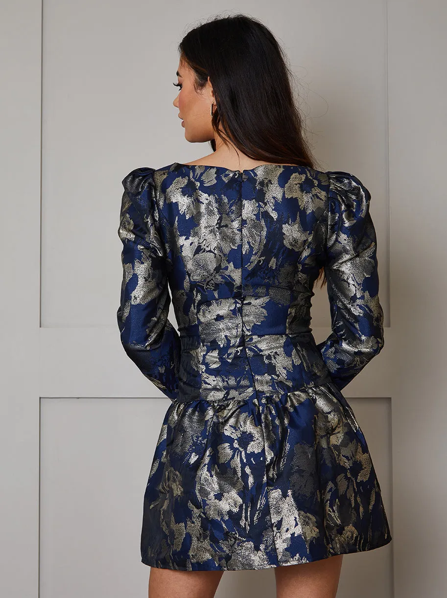 Long Sleeve Pephem Jacquard Mini Dress in Navy sold by Chi Chi London product image thumbnail 4