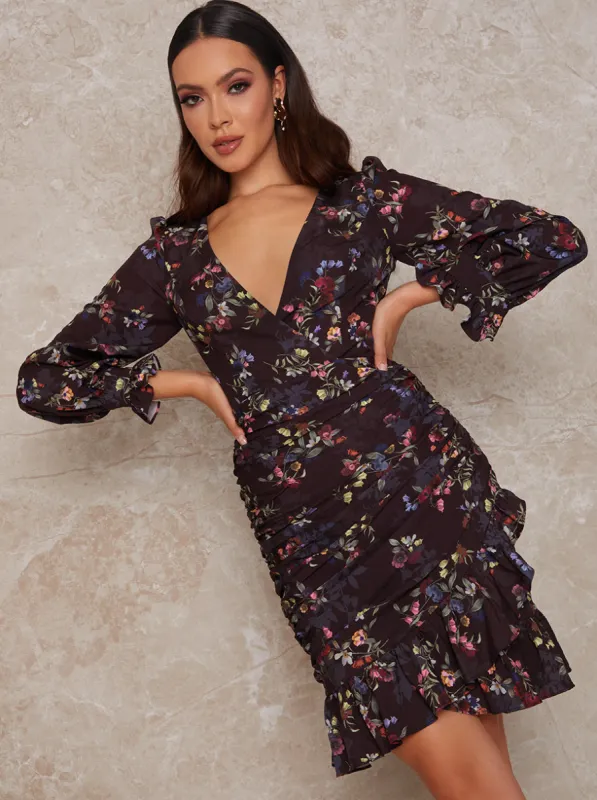 Floral Print Ruched Mini Dress in Multi sold by Chi Chi London