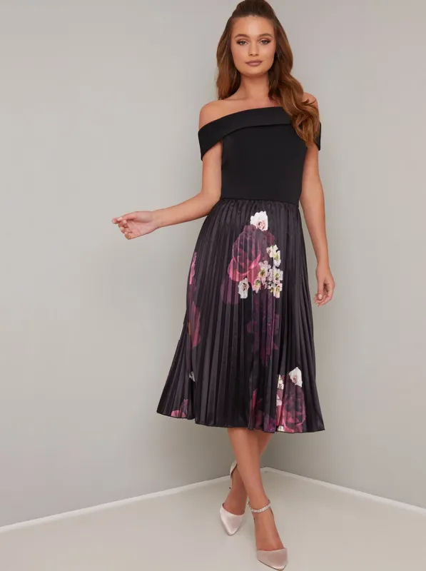 Bardot Floral Print Pleat Midi Dress in Black sold by Chi Chi London
