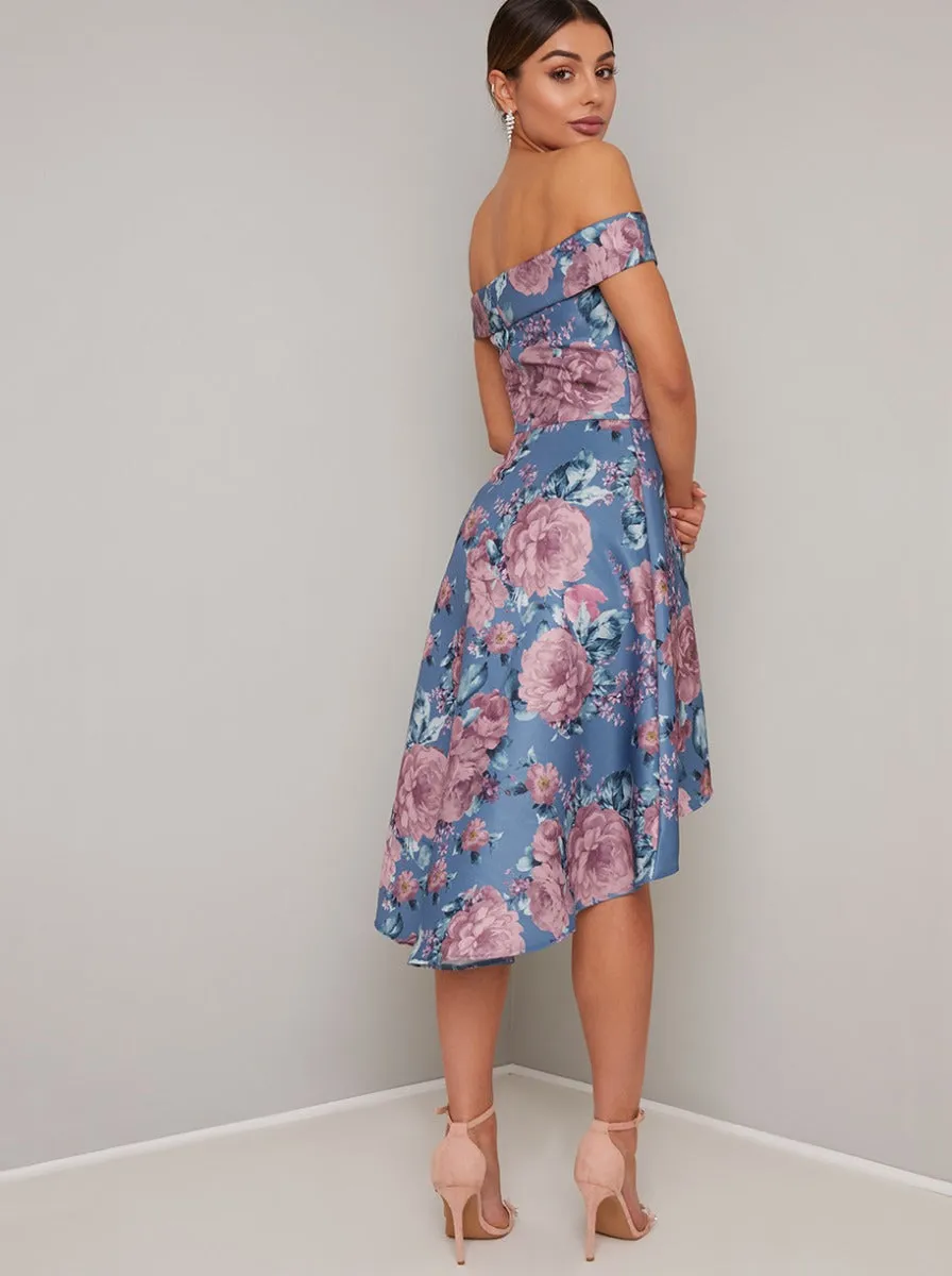 Floral Print Bardot Dip Hem Midi Dress in Blue sold by Chi Chi London product image thumbnail 3