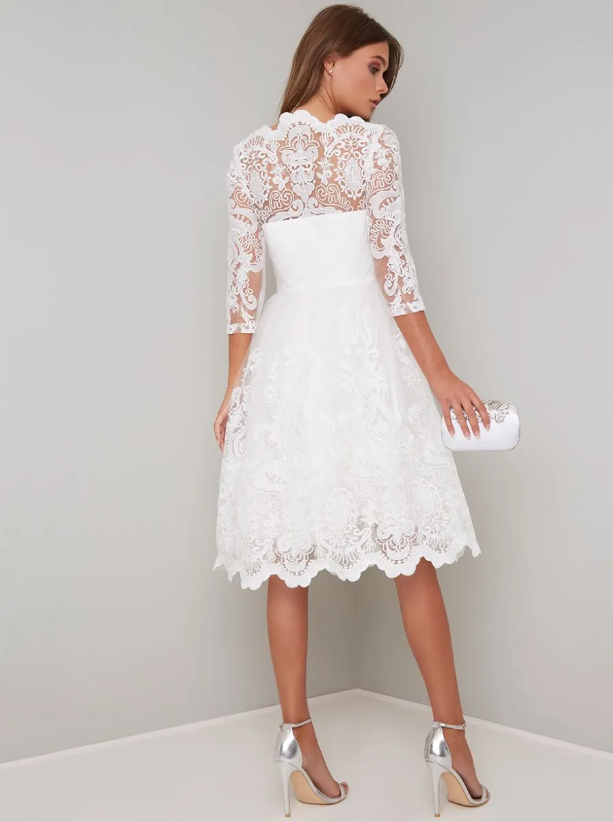 Lace Embroidered Long Sleeve Tulle Midi Dress in White sold by Chi Chi London product image thumbnail 3