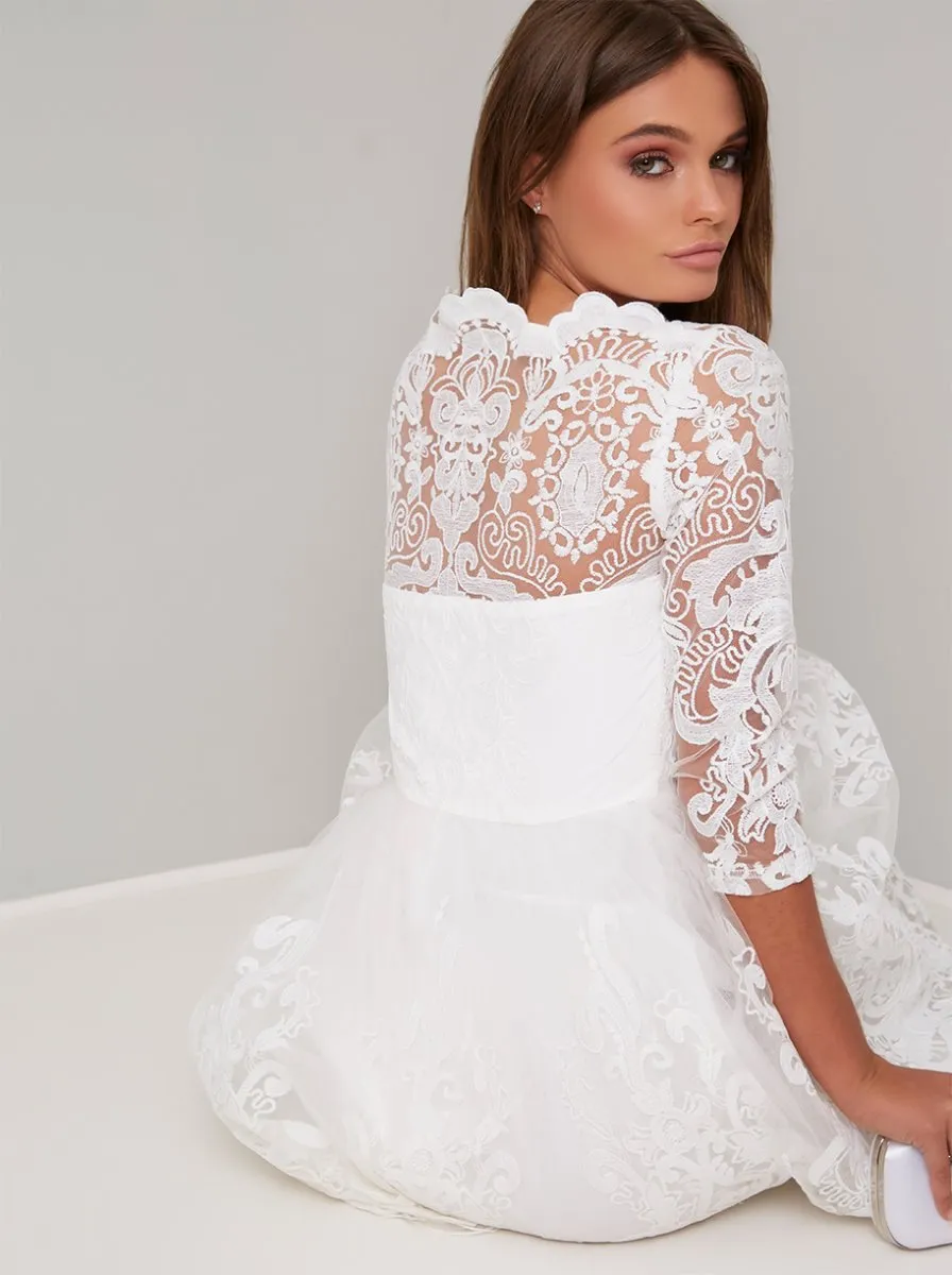 Lace Embroidered Long Sleeve Tulle Midi Dress in White sold by Chi Chi London product image thumbnail 4