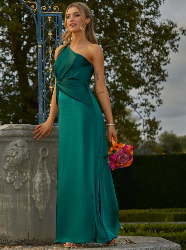 One Shoulder Satin Finish Maxi Dress in Green sold by Chi Chi London