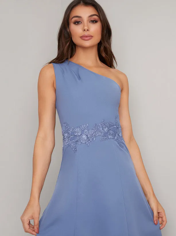 One Should Embroidered Dip Hem Midi Dress in Blue sold by Chi Chi London product image thumbnail 4