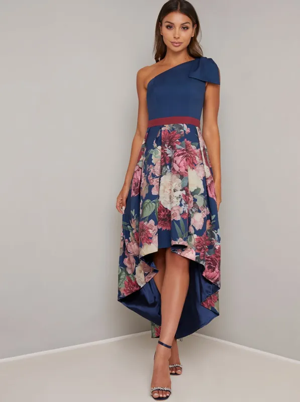 One Shoulder Contrast Print Dip Hem Midi Dress in Blue sold by Chi Chi London