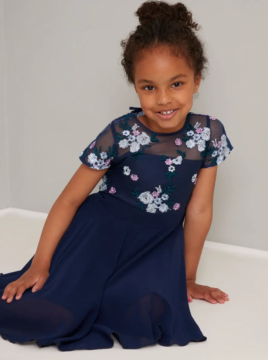 Girls Embroidered Floral Midi Dress in Navy sold by Chi Chi London product image thumbnail 3