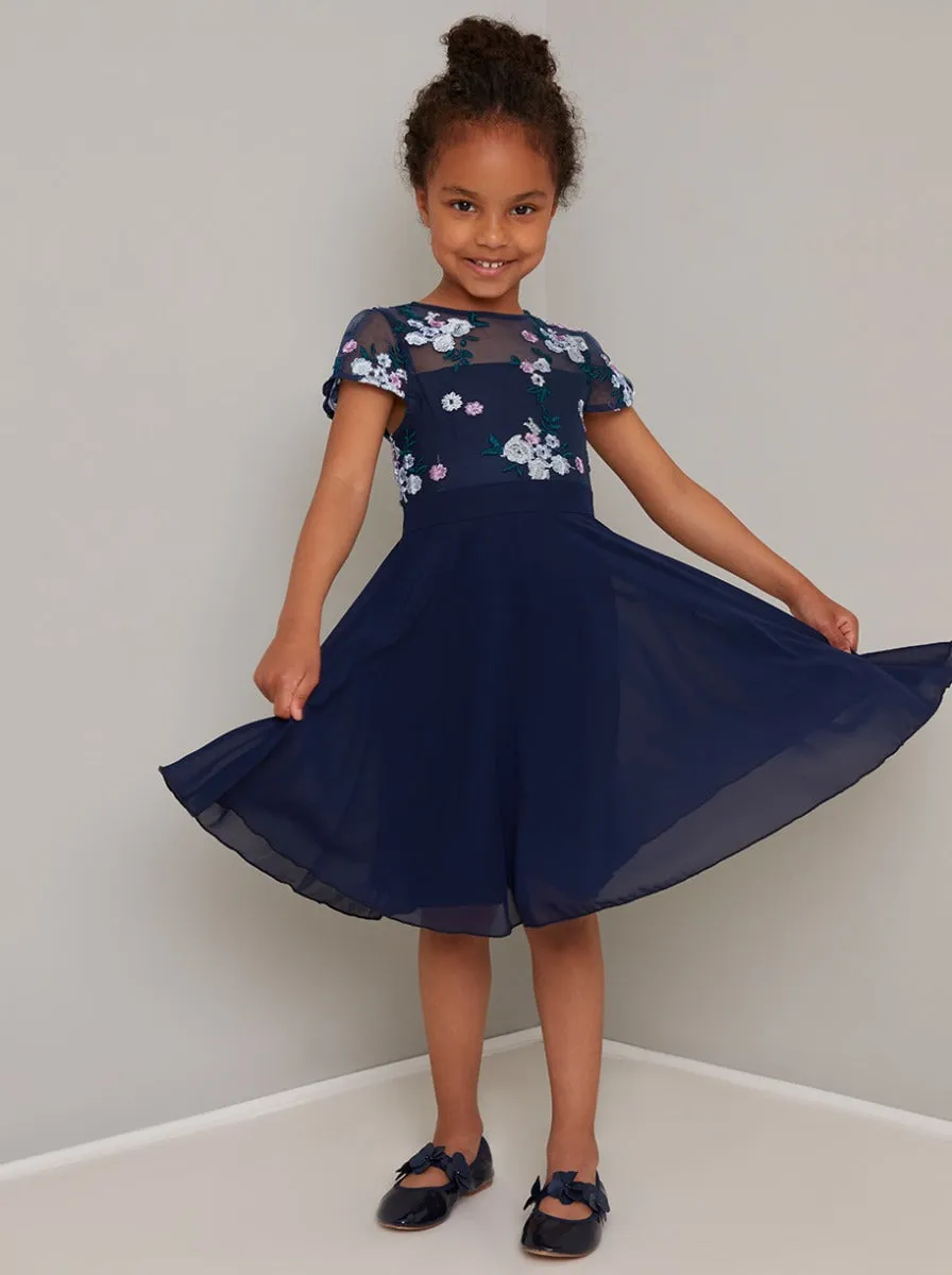 Girls Embroidered Floral Midi Dress in Navy sold by Chi Chi London